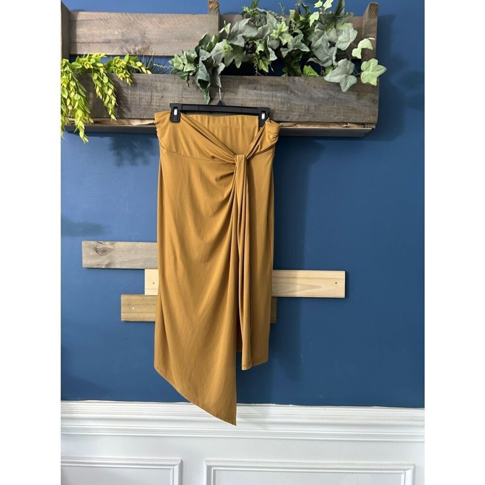 Nine West Mustard Asymmetrical Faux Wrap Skirt with Front Knot